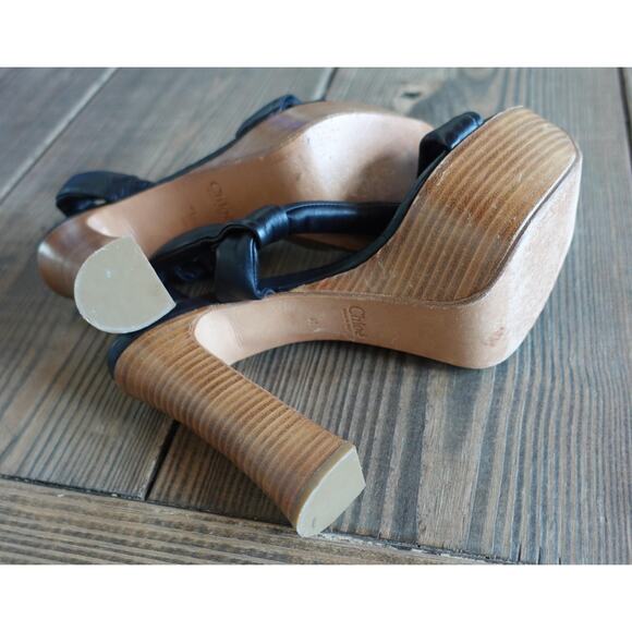 Chloe Platform Shoes 41 Black Tan Leather Wood Block High Heels Boho 70s Italy - Picture 5 of 10